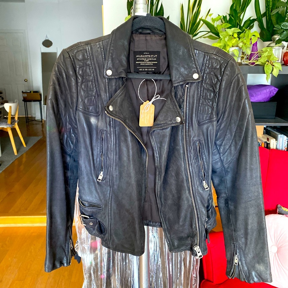 All Saints navy leather jacket  size 8